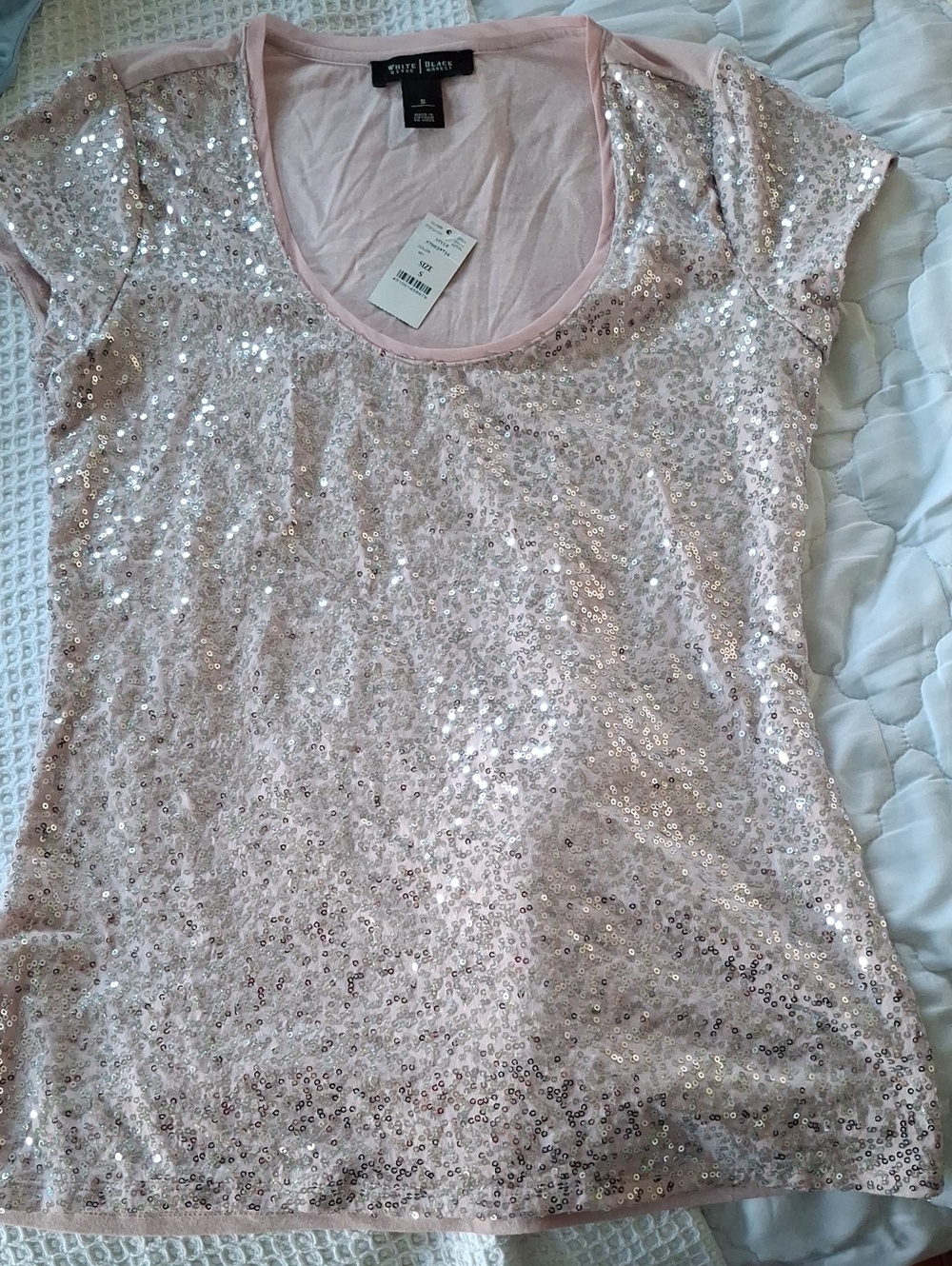 White House Black Market Pink Sequin Short Sleeve Tee